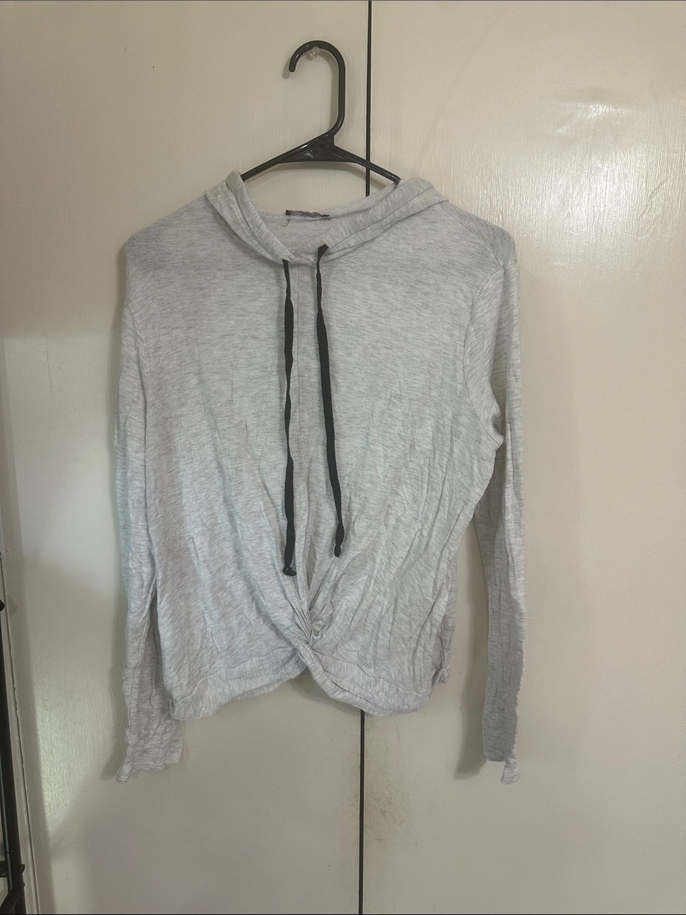 DREW Light Gray Twist-Hem Hoodie with Black Drawstrings